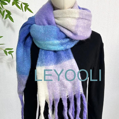 Purple Plaid Mohair Scarf: Winter Warm Tassel Shawl