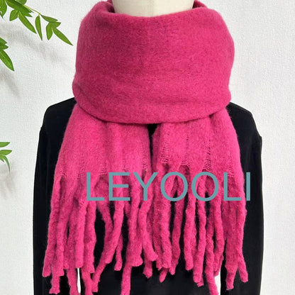 Rose Mohair Blend Scarf, Tassel Detail, Winter Warmth