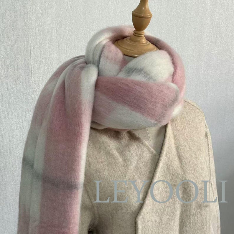 Pink Plaid Mohair Scarf: Winter Warm Shawl