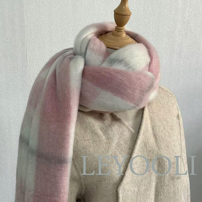 Pink Plaid Mohair Scarf: Winter Warm Shawl