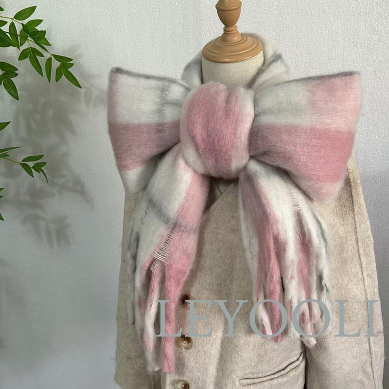 Pink Plaid Mohair Scarf: Winter Warm Shawl