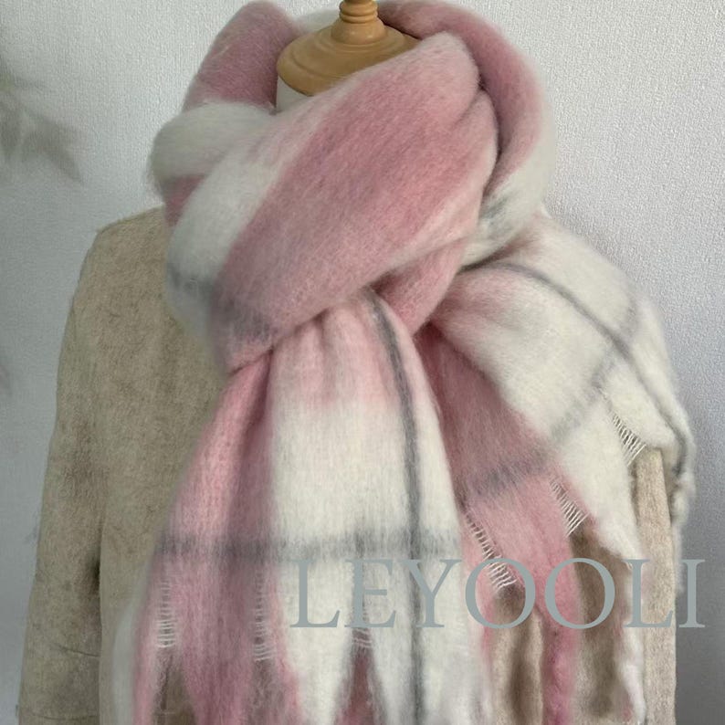 Pink Plaid Mohair Scarf: Winter Warm Shawl