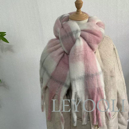 Pink Plaid Mohair Scarf: Winter Warm Shawl