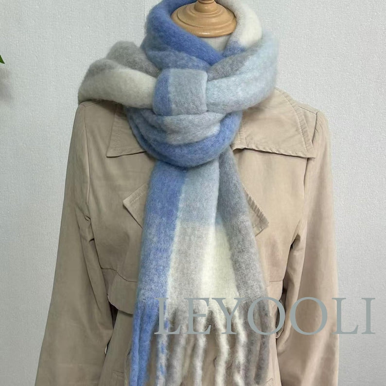 Blue Plaid Wool Scarf: Fringed Winter Shawl