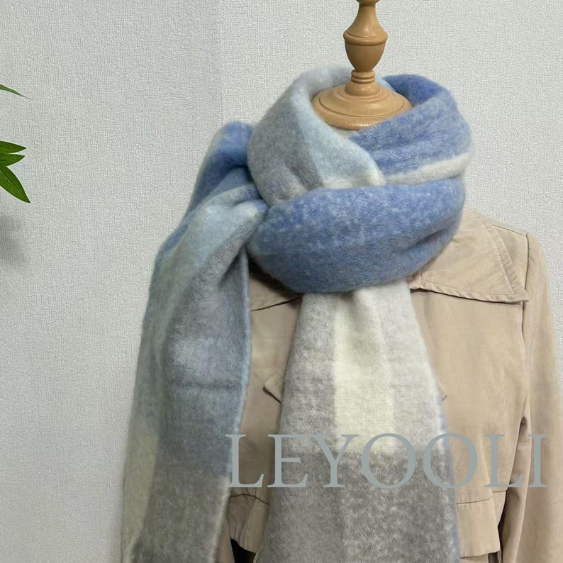 Blue Plaid Wool Scarf: Fringed Winter Shawl