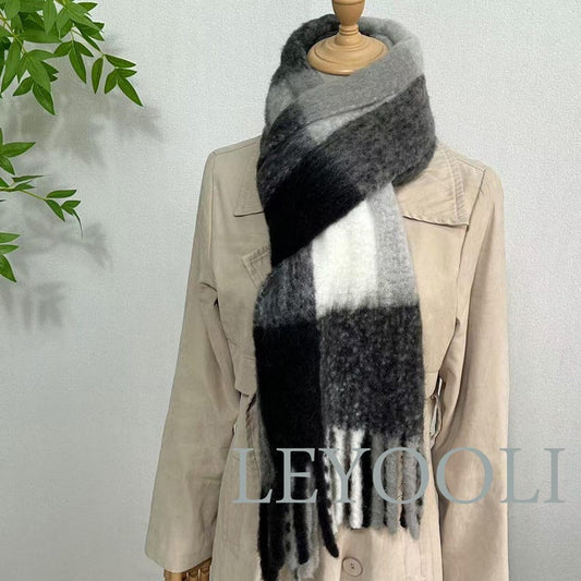 Wool Mohair Blend Plaid Scarf, Color Block Winter Fashion