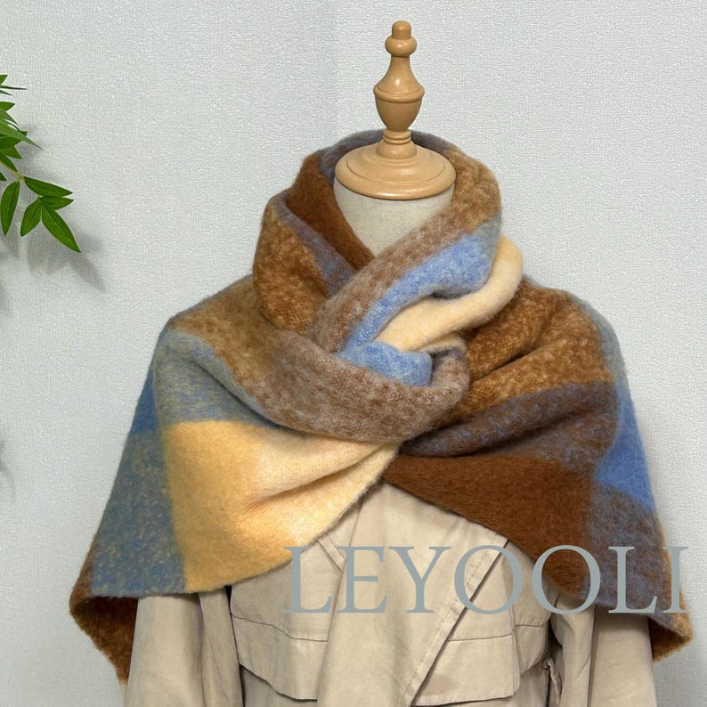 Blue Gray Plaid Wool Blend Scarf, Warm Winter Shawl