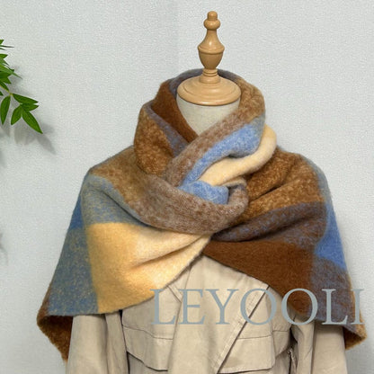 Blue Gray Plaid Wool Blend Scarf, Warm Winter Shawl