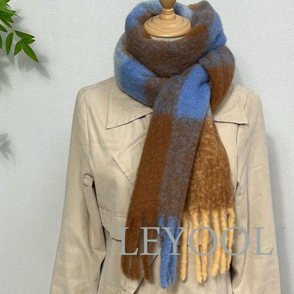 Blue Gray Plaid Wool Blend Scarf, Warm Winter Shawl