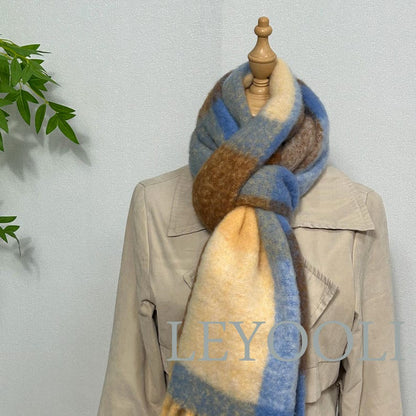 Blue Gray Plaid Wool Blend Scarf, Warm Winter Shawl