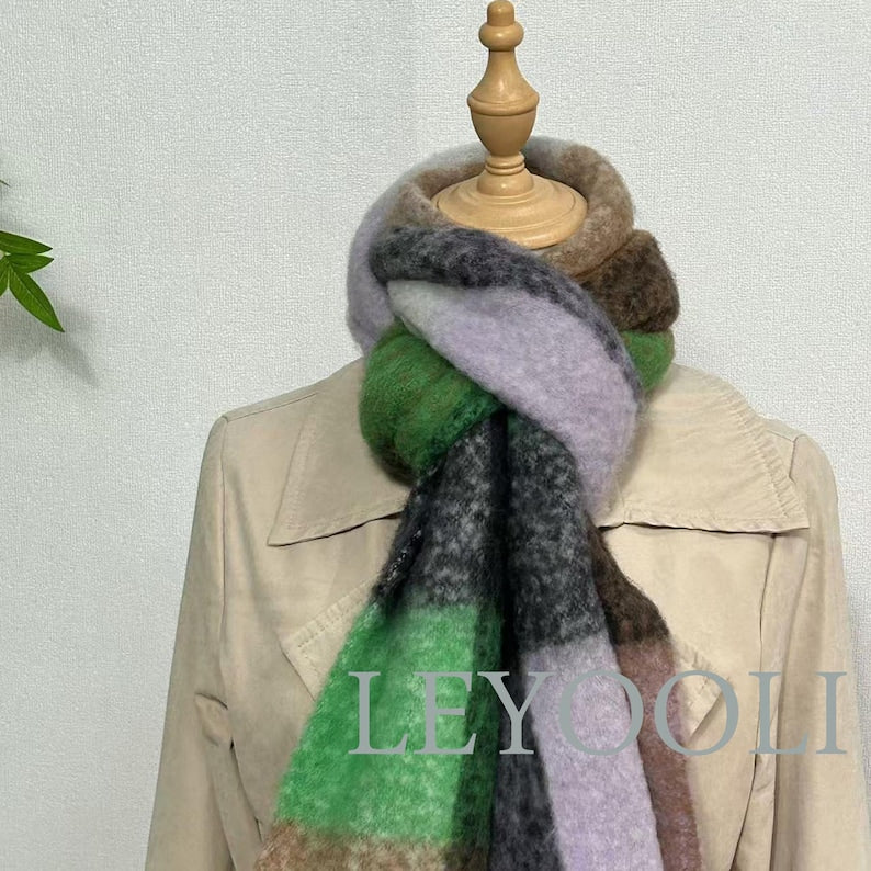 Wool Mohair Blend Plaid Scarf, Winter Warm Shawl