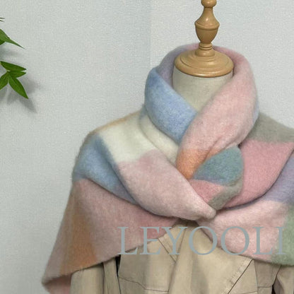 Powder Blue Plaid Wool Mohair Scarf: Color Block Winter Fashion
