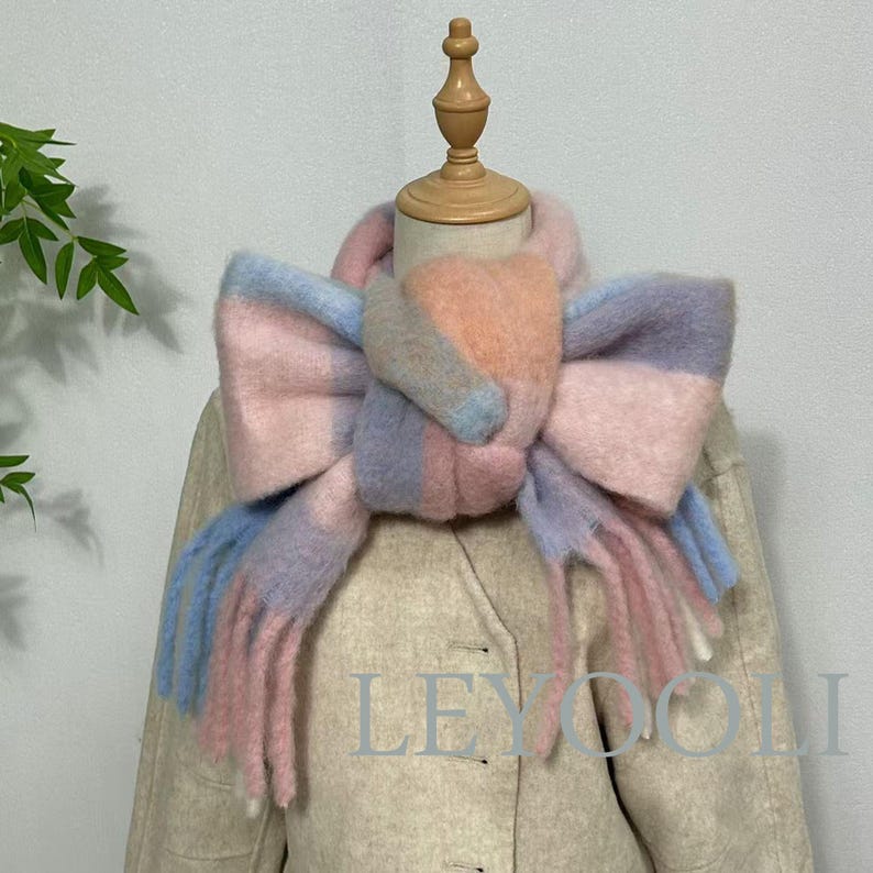 Powder Blue Plaid Wool Mohair Scarf: Color Block Winter Fashion