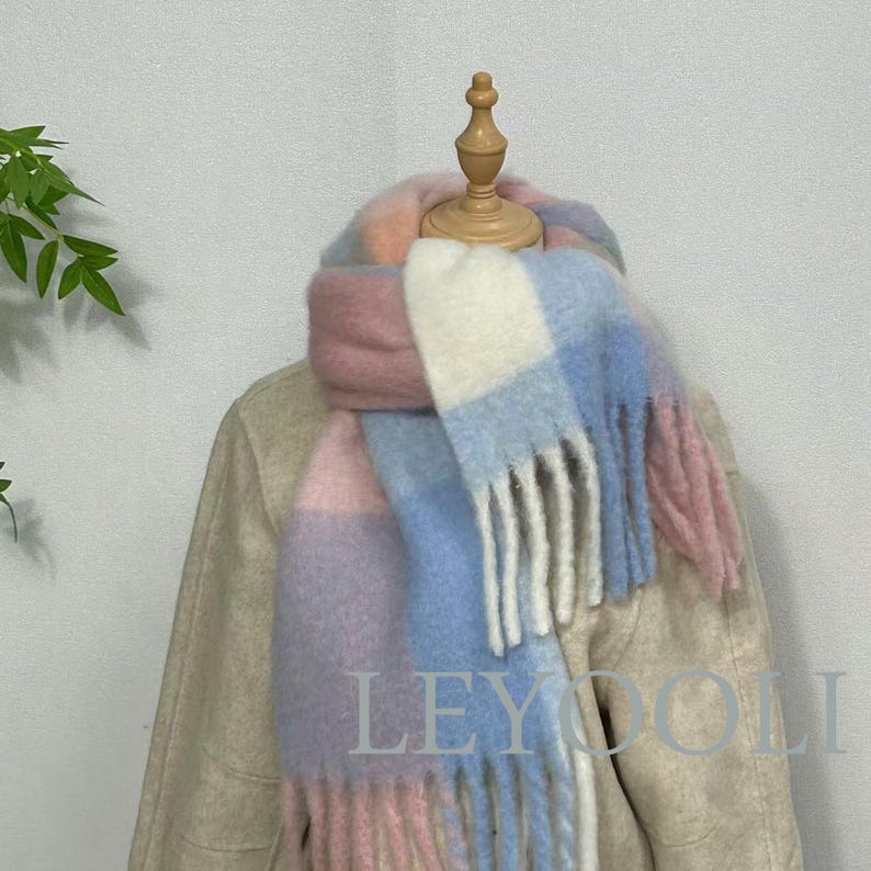 Powder Blue Plaid Wool Mohair Scarf: Color Block Winter Fashion