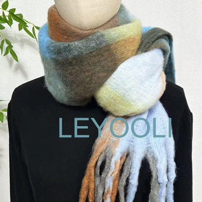 Mohair Plaid Scarf, Blue Gray Brown, Wool Blend, Winter Shawl