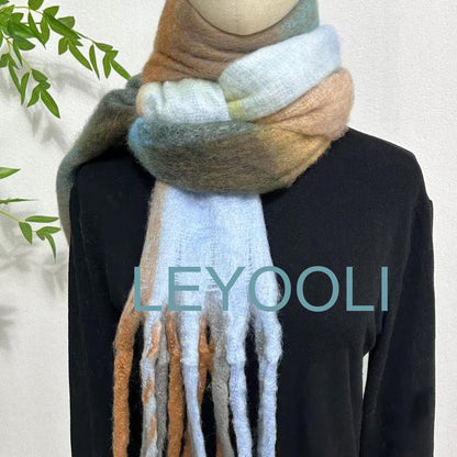 Mohair Plaid Scarf, Blue Gray Brown, Wool Blend, Winter Shawl