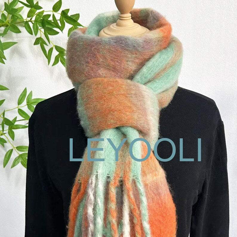 Green Orange Plaid Mohair Winter Scarf, Brushed Fluffy Knit