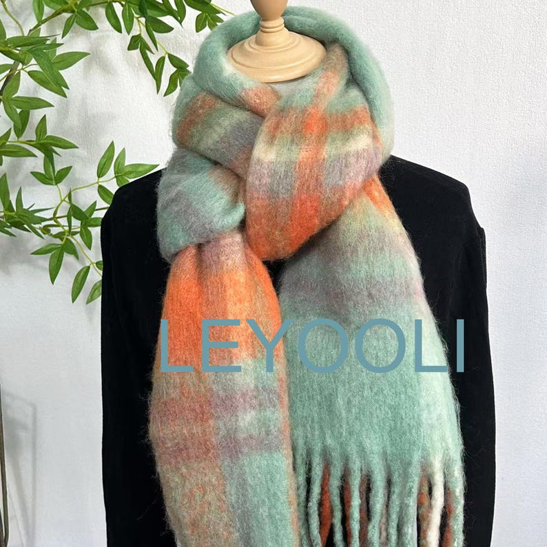 Green Orange Plaid Mohair Winter Scarf, Brushed Fluffy Knit