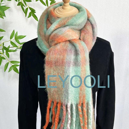 Green Orange Plaid Mohair Winter Scarf, Brushed Fluffy Knit