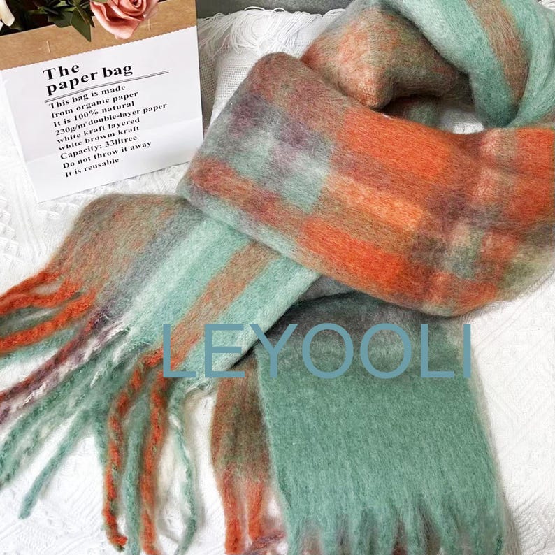 Green Orange Plaid Mohair Winter Scarf, Brushed Fluffy Knit
