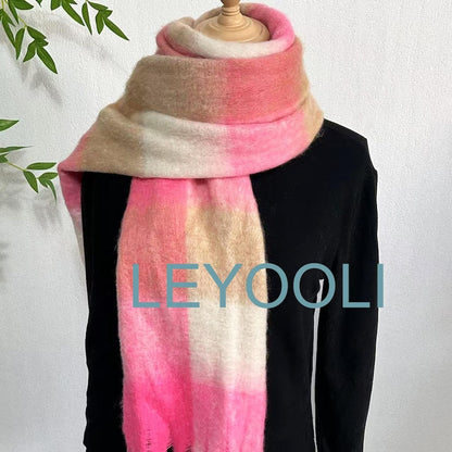 Pink Plaid Mohair Scarf, Reversible Winter Shawl