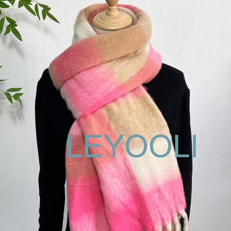 Pink Plaid Mohair Scarf, Reversible Winter Shawl