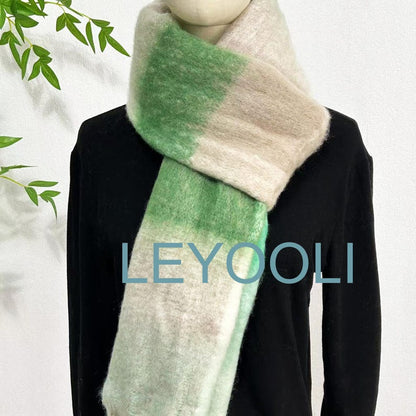 Plaid Mohair Scarf, Green White Tassel Shawl