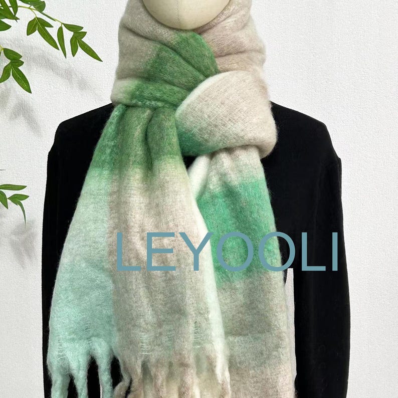 Plaid Mohair Scarf, Green White Tassel Shawl
