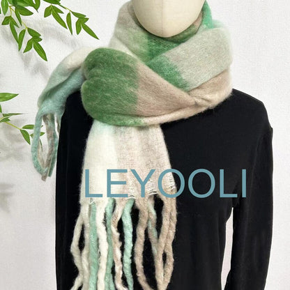 Plaid Mohair Scarf, Green White Tassel Shawl