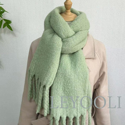 Matcha Green Wool Blend Scarf: Winter Shawl with Fringe