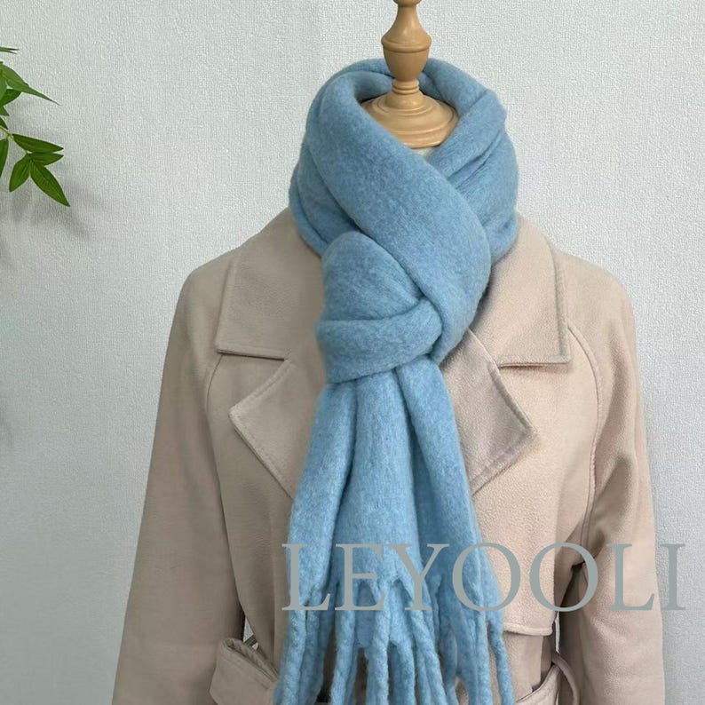 Blue Wool Blend Tassel Scarf, Winter Shawl (192cm*30cm)
