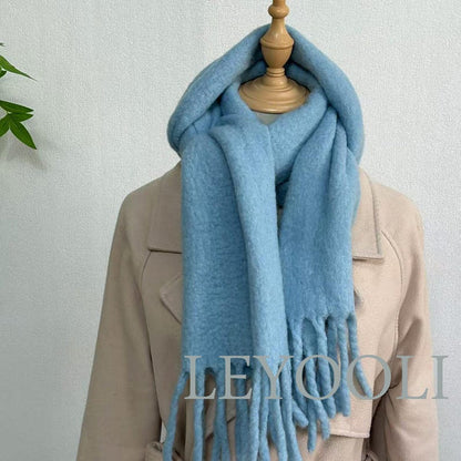 Blue Wool Blend Tassel Scarf, Winter Shawl (192cm*30cm)