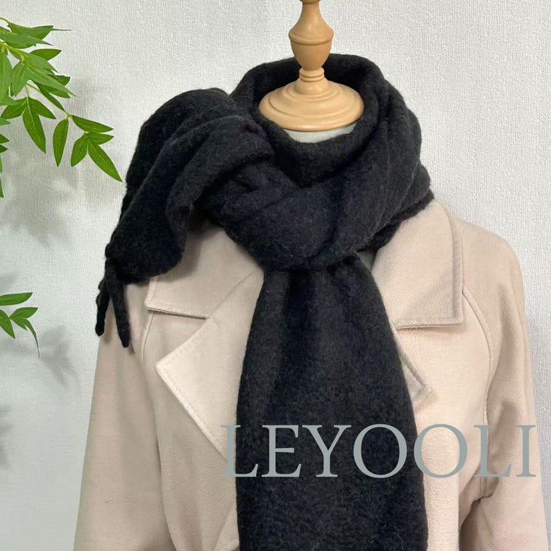 Black Wool Blend Scarf, Classic Fringe Shawl, Winter Warmth