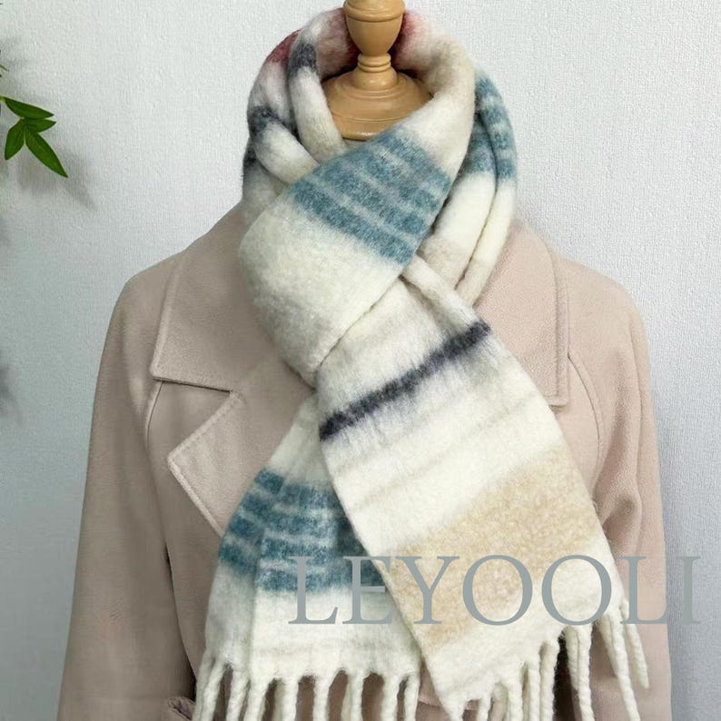 Striped Wool Blend Fringe Scarf: Cozy Winter Shawl