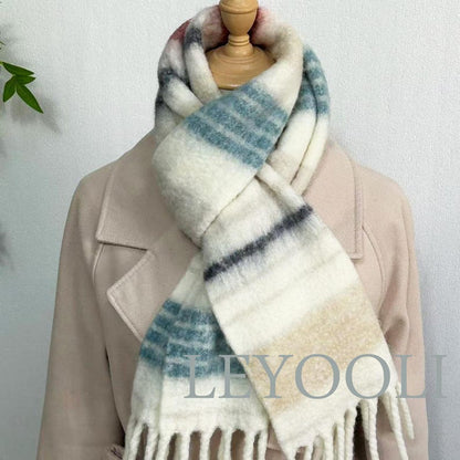 Striped Wool Blend Fringe Scarf: Cozy Winter Shawl