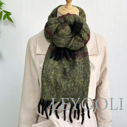 Olive Green Mohair Scarf, Striped Winter Shawl