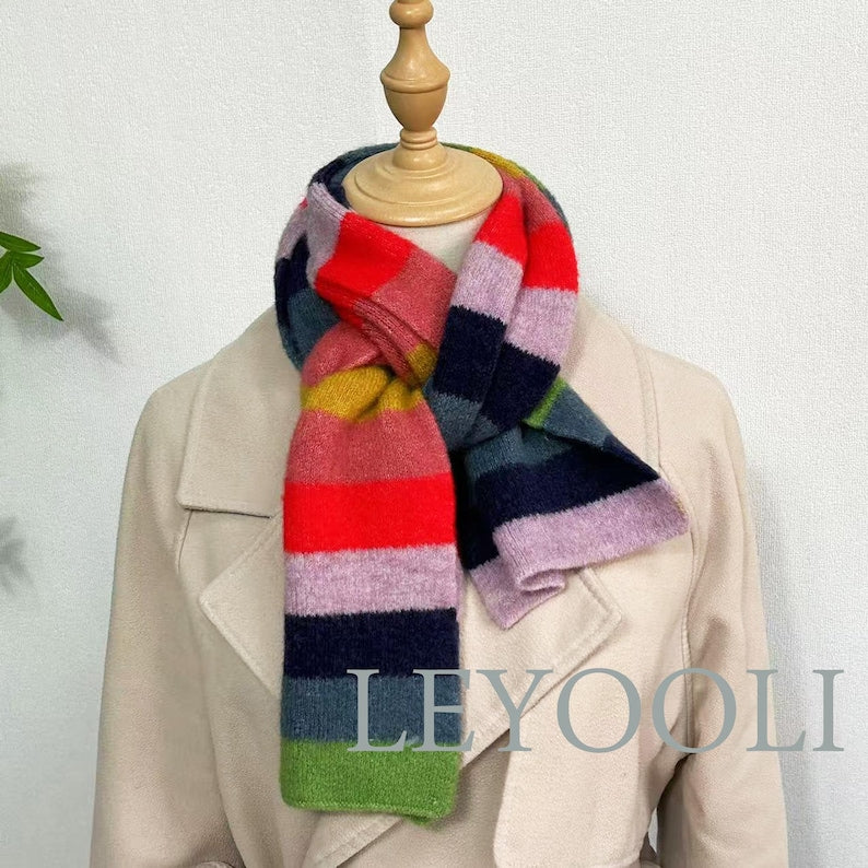 Rainbow Striped Knitted Scarf: Warm Wool Blend Winter Scarf
