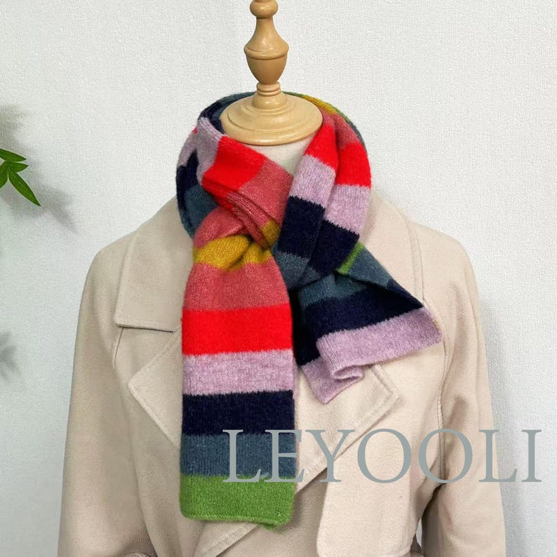 Rainbow Striped Knitted Scarf: Warm Wool Blend Winter Scarf