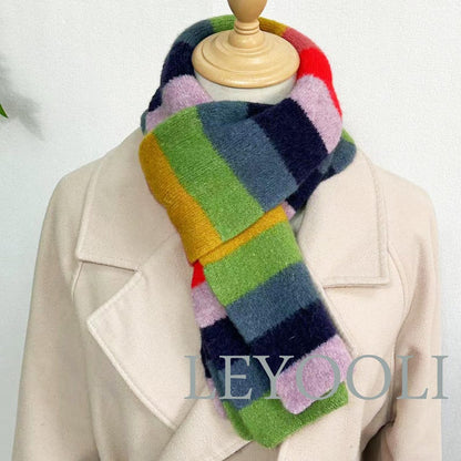 Rainbow Striped Knitted Scarf: Warm Wool Blend Winter Scarf