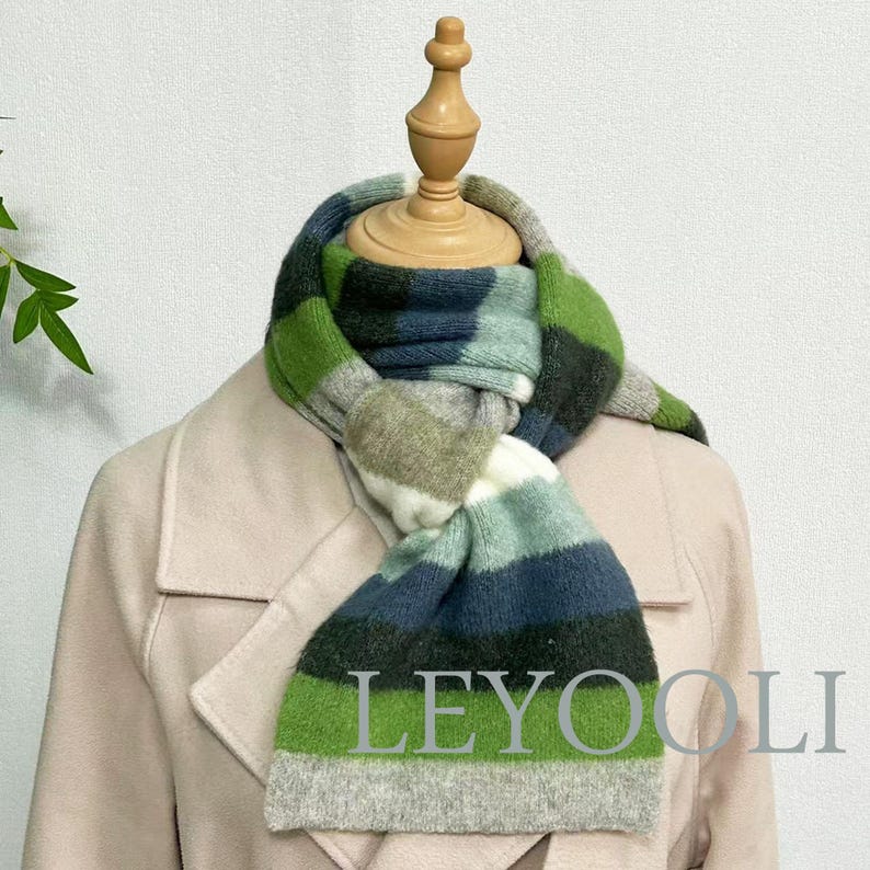Striped Wool Scarf, Green Blue Gray, Winter Knitted Scarf