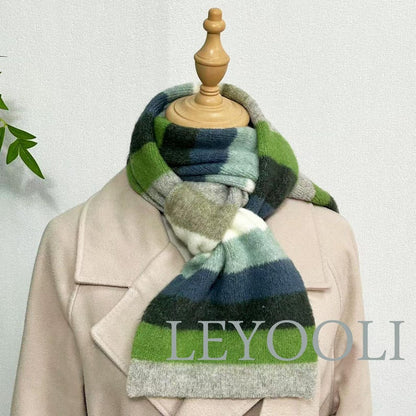 Striped Wool Scarf, Green Blue Gray, Winter Knitted Scarf