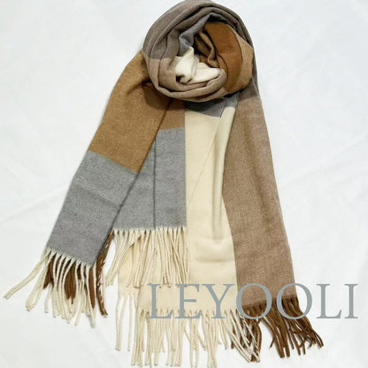 Camel Plaid Wool Blend Scarf, Warm Winter Shawl