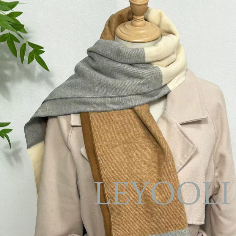 Camel Plaid Wool Blend Scarf, Warm Winter Shawl
