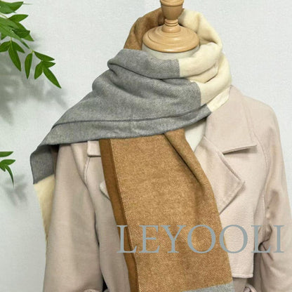 Camel Plaid Wool Blend Scarf, Warm Winter Shawl