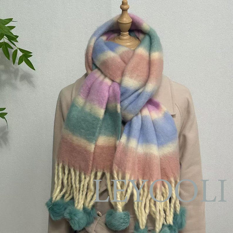 Rainbow Mohair Scarf, Striped Winter Scarf, Hairball Fringe