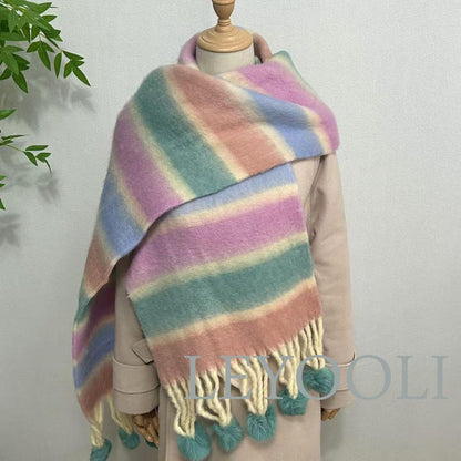 Rainbow Mohair Scarf, Striped Winter Scarf, Hairball Fringe