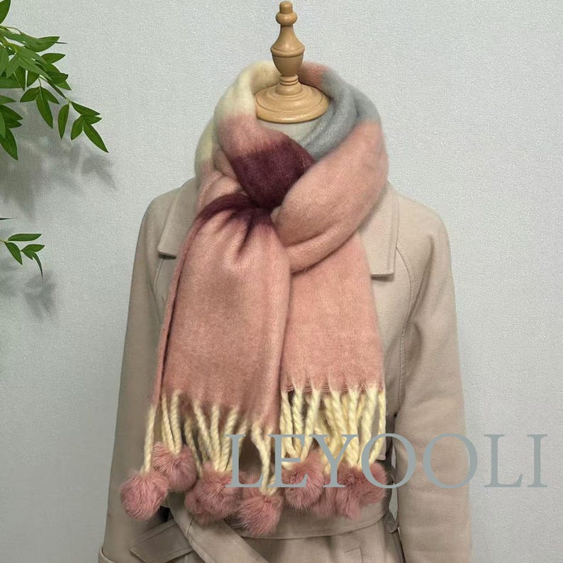 Rainbow Striped Mohair Scarf, Winter Warm Thickened Wool, Hairball Fringe