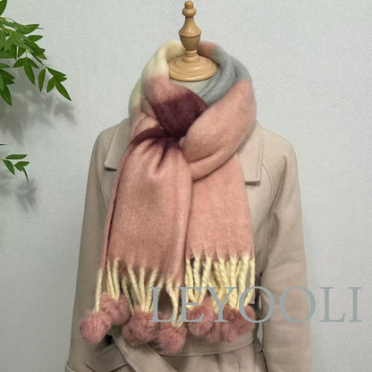 Rainbow Striped Mohair Scarf, Winter Warm Thickened Wool, Hairball Fringe