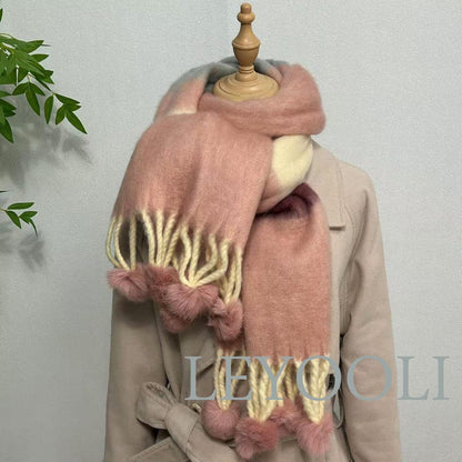 Rainbow Striped Mohair Scarf, Winter Warm Thickened Wool, Hairball Fringe