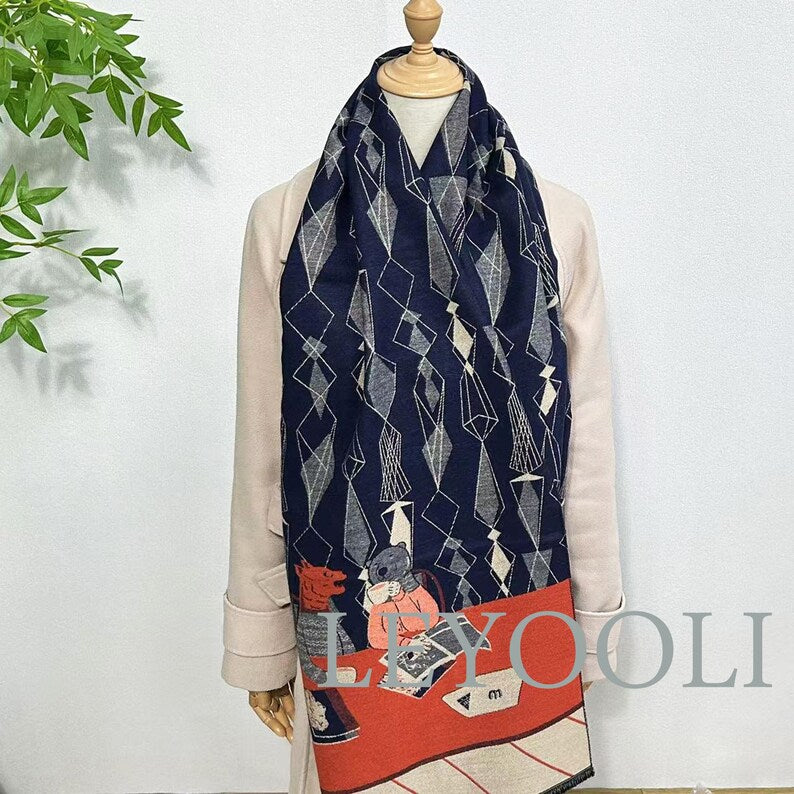 Art Animal Illustration Scarf: Diamond Plaid Patchwork, Navy Blue Orange Beige